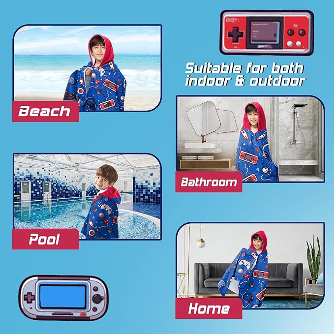 Hooded Towels for Kids -Toddler Beach Towel- Super Absorbent & Quick Dry 100% Cotton 35x60 Inch - to Kid Ages 3-12-Video Game/Gaming Pattern Design