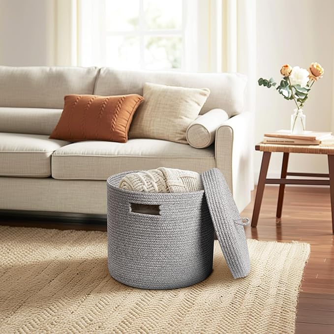Storage Basket with Lid, Woven Blanket Storage for Living Room, Soft Cotton Rope Bin with Lid, Round Wicker Laundry Basket with Cover, Lidded Kid Dog Toy Box, Nursery Organizer, 15"x13", Gray
