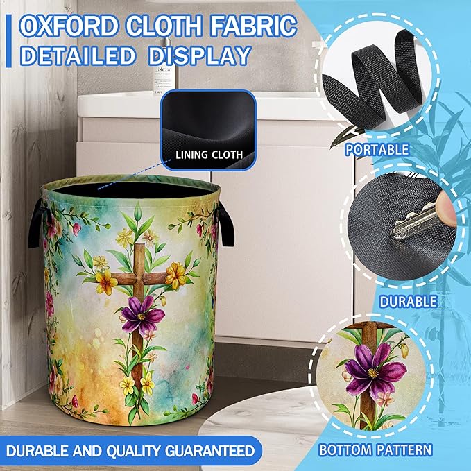 Cross Flowers Laundry Basket Christian Oxford Cloth Laundry Hamper With Handle Foldable Portable Clothes Storage Basket 18.9 X 16.5 Inch Storage Bag For Laundry Room/Bathroom/Bedroom/Dormitories