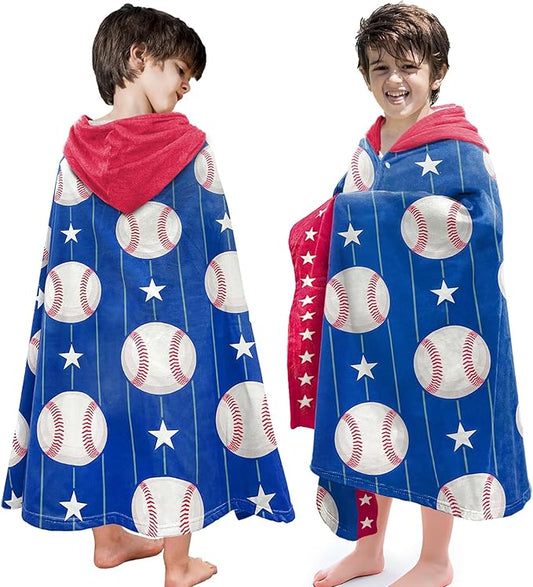 Hooded Towels for Kids -Toddler Beach Towel- Super Absorbent & Quick Dry 100% Cotton 35x60 Inch - to Kid Ages 3-12-Baseball Pattern Design