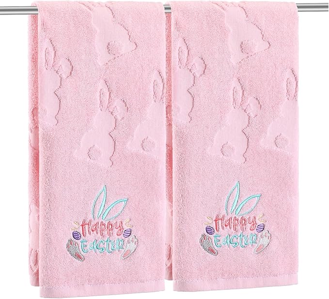 2 Pcs Easter Hand Towels for Bathroom Bunny Easter Bath Towels Pink 100% Cotton Jacquard Embroidered Decorative Gift Set Kitchen Decor Home Accessories