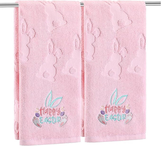 2 Pcs Easter Hand Towels for Bathroom Bunny Easter Bath Towels Pink 100% Cotton Jacquard Embroidered Decorative Gift Set Kitchen Decor Home Accessories