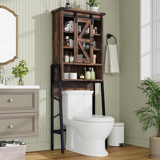 Over The Toilet Storage Cabinet with Sliding Barn Door, Over Toilet Bathroom Organizer with Adjustable Shelves and Metal Frame, Farmhouse Space Saver The Toilet Rack (Brown)