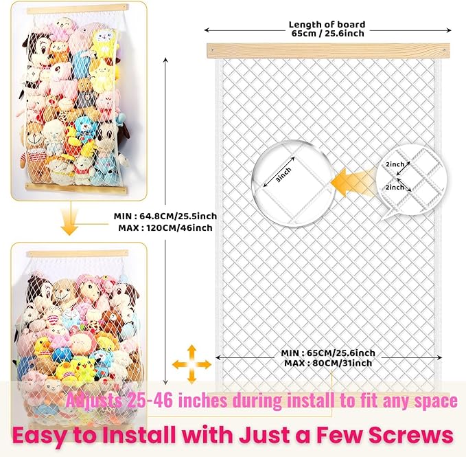 Stuffed Animal Storage Holder, Elastic Stuffed Animal Net,Door/Wall Mount Length Adjustable Hanging Stuffed Animal Organizer, Plushie Net for Nursery Play Room-Origin Boards Patent