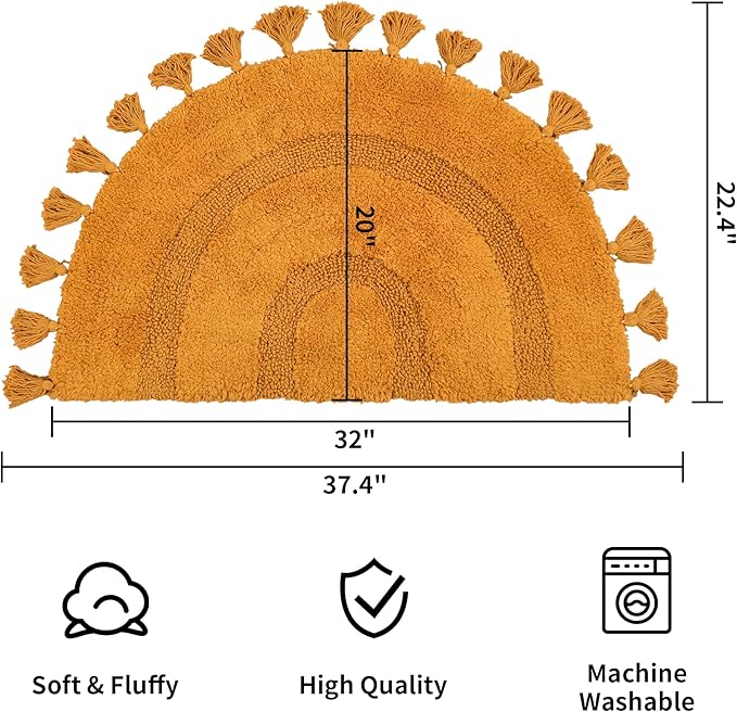 Half Circle Boho Bathroom Rugs with Tassels 100% Cotton Hand-Woven Bath Mat Non Slip Absorbent Bath Rugs with Rug Pad Washable Boho Bath Mat Carpet for Tub, Shower 20"x32",Mustard