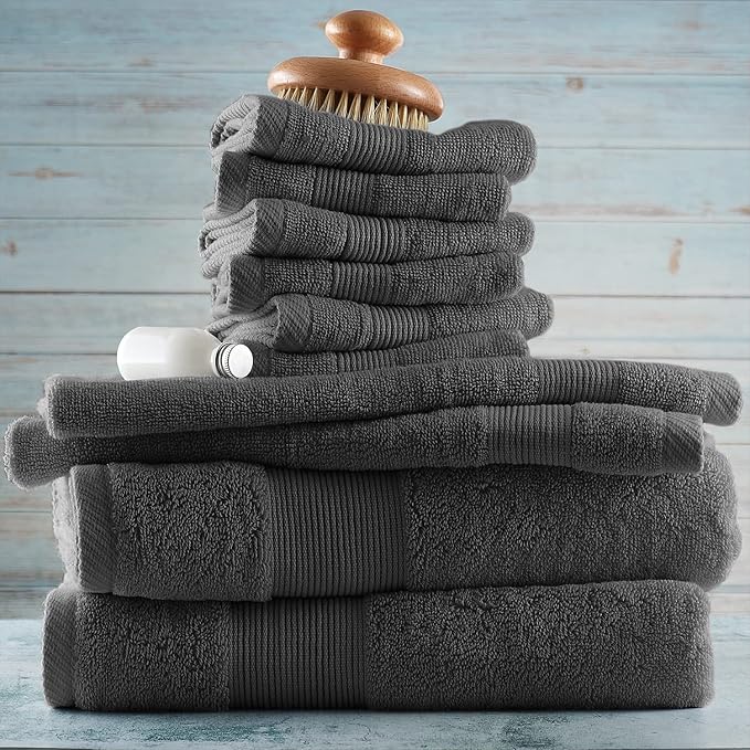 Hearth & Harbor Bath Towels for Bathroom - 100% Ring Spun Cotton Luxury Bathroom Towels - Ultra Soft & Highly Absorbent, Bath Towels Set of 10 - Dark Gray