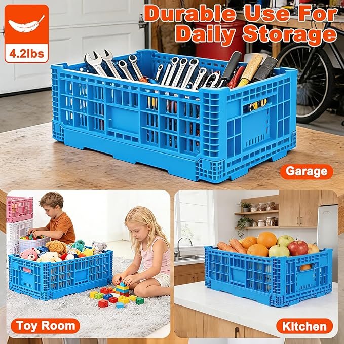 Collapsible Milk Crate, 1 pck 52L(13GAL) Stackable Storage Bins, Heavy Duty Storage Crates, Plastic Crates for Grocery, Warehouse Organization - Extra Large, Holds 130 lbs Per Bin