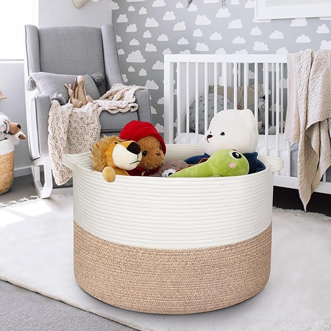 115L Super Large Blanket Basket, Kids Dog Toy Storage Bin Box, Oversized Nursery Baby Toy Organizer, Cotton Rope Woven Bin, XXXL Jumbo Basket for Blankets for Living Room, 23.6"x15.7", Brown