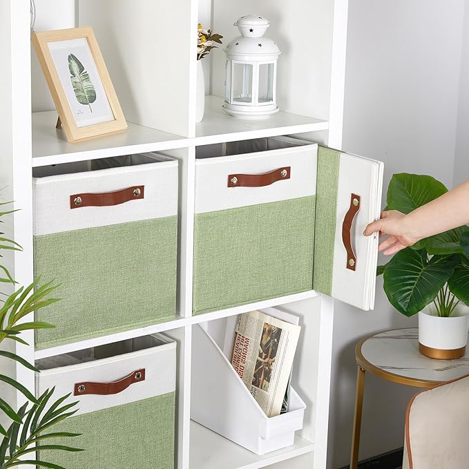 HNZIGE Fabric Storage Cubes for Shelves Set of 4,Storage Cubes Baskets 12 x12, Decorative Storage Bins Basket with Handles, Green Baskets for Organizing Home Nursery(Green White)