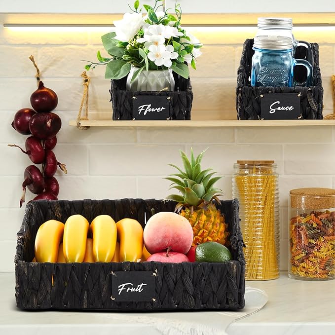 4 Pcs Natural Storage Baskets Set Stackable Handwoven Wicker Storage Bins with Chalkboard Label Built-in Handles Woven Container Basket Kitchen Baskets for Shelves(Black)