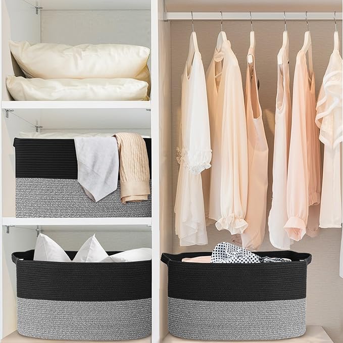 Extra Large Storage Baskets, 22" x 17" x 12" Black Baskets for Organizing, Rectangle Woven Basket for Blankets, Toys, Towels, Laundry, Decorative Wicker Storage Basket, Basket for Decor