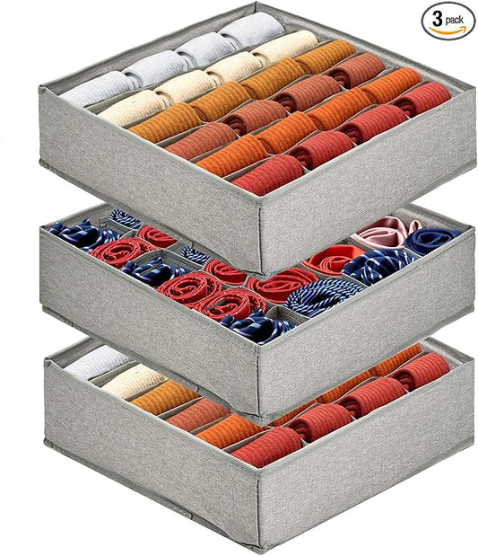 3 Pack 72-Cell Fabric Sock Organizer and Tie Organizer For Men - Fabric Foldable Drawer Divider for Socks, Underwear, Ties and Belts - Foldable, Multi-Cell Design, Space-Saving (Grey)
