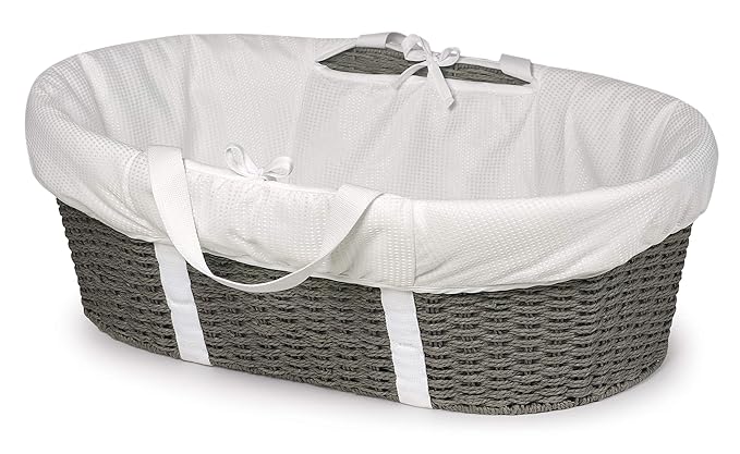 Badger Basket Woven Moses Changing Basket - Portable Baby Diaper Station with Pad, Liner, and Cover - Lightweight Newborn Changing Basket for Home or Travel - Cool Gray/White