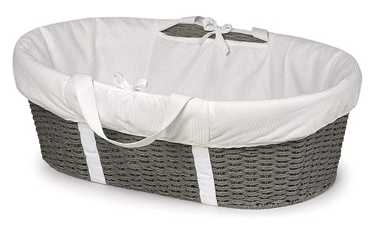 Badger Basket Woven Moses Changing Basket - Portable Baby Diaper Station with Pad, Liner, and Cover - Lightweight Newborn Changing Basket for Home or Travel - Cool Gray/White
