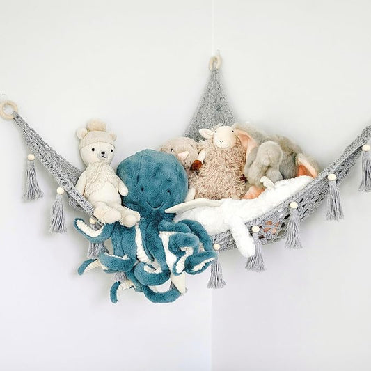 Macrame Toy Hammock for Stuffed Animals - Plush Toy Hammock, Grey Nursery Decor, Hanging Stuffed Animal Organizer, Pebble Grey