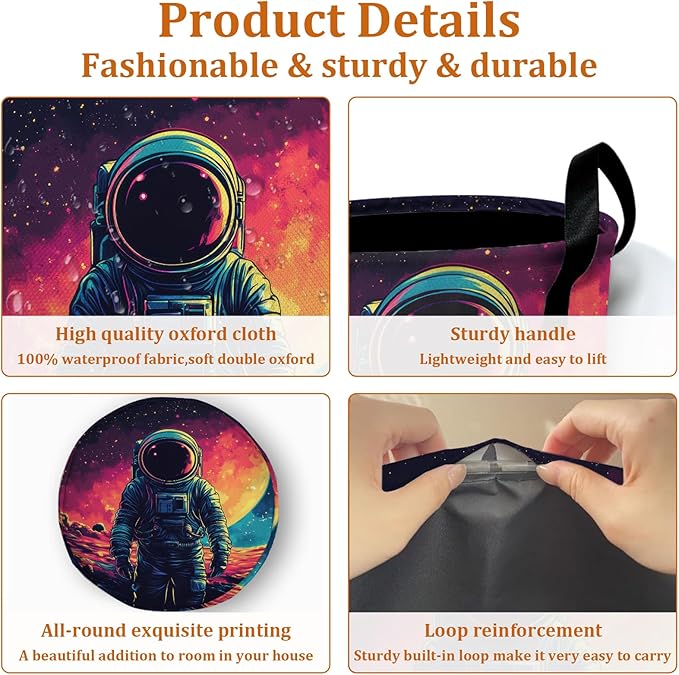 Astronaut Laundry Basket with Sturdy Handles, Universe Planet Collapsible Oxford Cloth Laundry Hamper Organizer Basket for Bathroom Bedroom 15.7x20 Inch