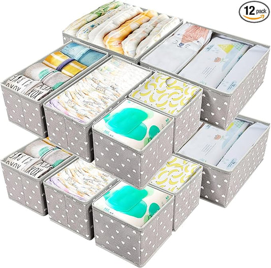 Fabric Drawer Organizer Bins for Nursery – 12 Pack Clothe Drawer Dividers for Baby Dresser, Grey Heart Pattern Storage Boxes for Clothes, Diapers & Accessories