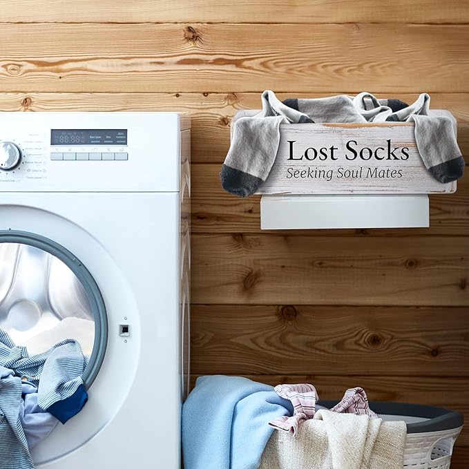 Farmhouse Lost Socks Storage Funny Laundry Sign Wooden Storage Basket Laundry Room Decor (11.02 x 3.54 x 3.54 Inch)