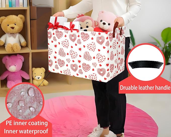 Large Valentine's Day Basket Heart Shaped Storage Bin for Gifts Collapsible Organizer Room Decor (Leopard Print Line Love)