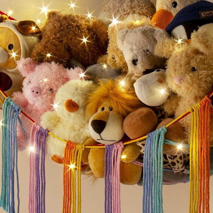 Stuffed Animal Hammock Corner with LED Light - Toy Storage Hammock Plushie Net Large - Cute Stuff Animals Holder Hanging Organizer - Baby Room Rainbow Decor Kids Toddler Nursery Bedroom