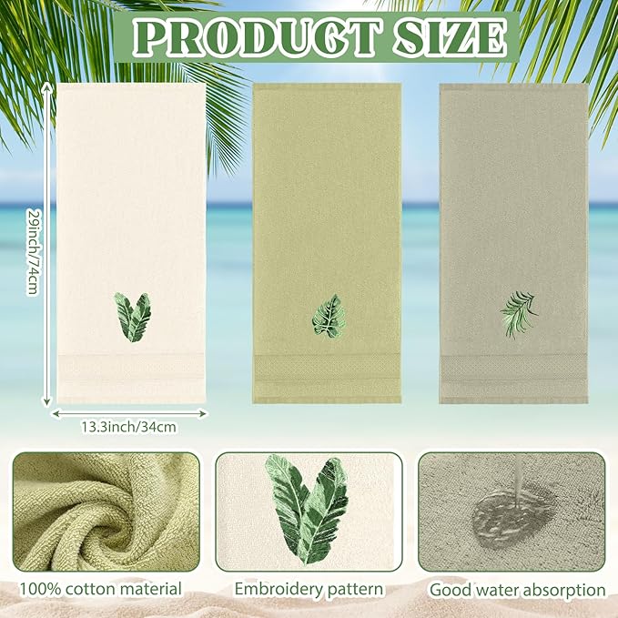 3 Pcs Sage Green Hand Towels Tropical Bathroom Decor Farmhouse Embroidered Sage Green Monstera Banana Palm Leaf Decorative Towels for Bathroom Kitchen, 100% Cotton, 13.4 x 29''
