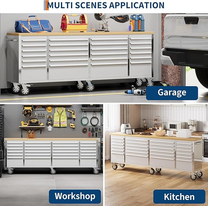 96" Rolling Tool Chest with 24 Drawers, Solid Rubber Wood Workbench Top, Locking Wheels & Key Lock, Mobile Garage Storage Cabinet for Workshop Organization