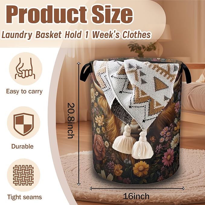 Vintage Flowers Laundry Basket,Highland Cow Laundry Hamper Waterproof Oxford Cloth Tote Collapsible,Clothes Storage Bucket Decorative Toy Organizer For Bathroom Bedroom 16" x 20.8"