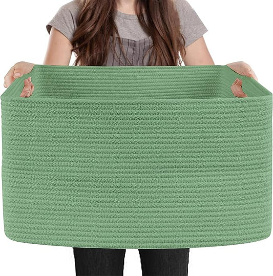 Large Green Baskets for Organizing, 23.6" x 17" x 12" Rectangle Blanket Holder Organizer, Kids Toy Storage Bins, Woven Rope Storage Basket, Green Home Decor Basket, Baby Nursery Storage