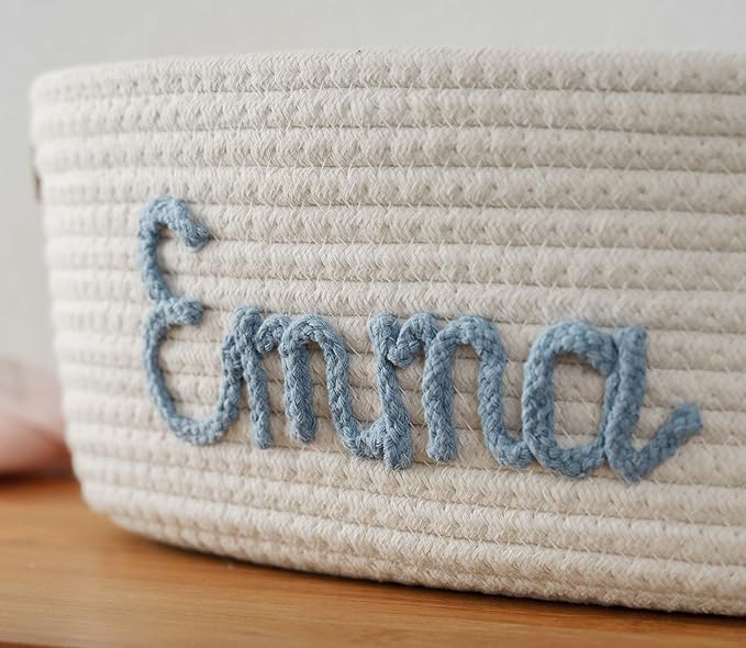 JUPPE Baptism and Newborn Baby Show Gift Basket with Personalized Name, Toys and Storage Organizer Custom Baby Shower Basket Gift Cotton Rope Basket Gift Nursery Decor Newborn Gifts (Style 1)
