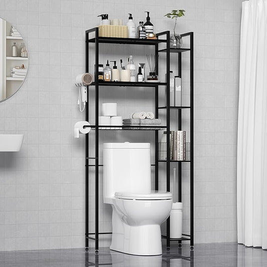 Over The Toilet Storage with Wooden Shelves and Side Rack, 7-Tier Black Over Toilet Bathroom Organizer Freestanding Storage Shelf for Toilet Paper, Towels, Toiletries, 31.5" Wide