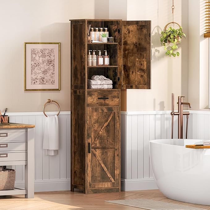 WEENFON Tall Bathroom Cabinet, Storage Cabinet with 6 Shelves & Drawer, Bathroom Storage Cabinet with Adjustable Shelves, Tall Cabinet for Living Room, Home Office, Brown