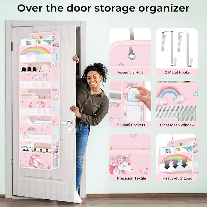 Clastyle Rainbow Unicorn Girl Over The Door Organizer Storage Pink Heart Star 5 Shelves Closet Nursery Hanging Shelves Clothes Diaper Stuffed Animal Toy Storage for Newborn Baby Essential