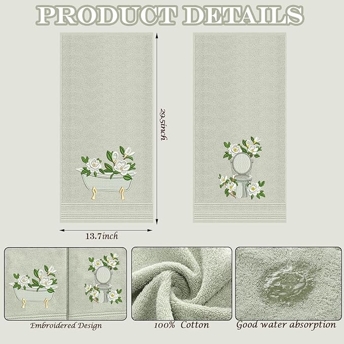 2pcs Sage Green Magnolia Hand Towels for Bathroom Decorative Towels Set 100% Cotton cute Embroidered Spring summer floral bath towels dish kitchen towels Farmhouse Bathroom Decor Gift(Green Magnolia)