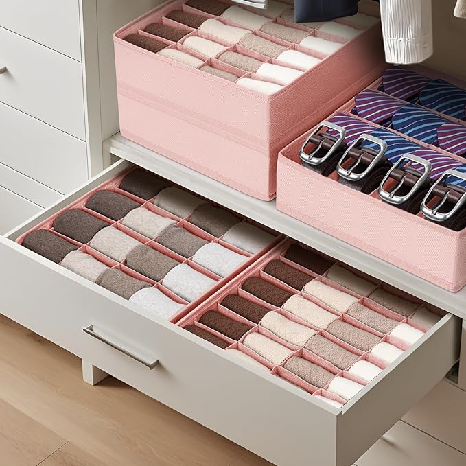 DIMJ Sock Organizer Drawer Organizer - Closet Organization and Storage, Underwear Drawer Organizer for Storing Socks, Handkerchiefs, Ties, Belts, Pink