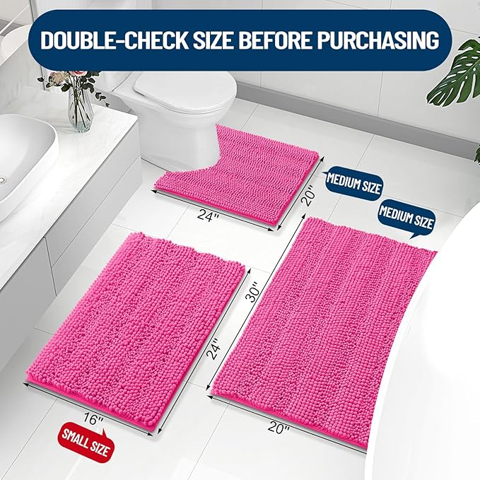 Grandaily Chenille Striped Bathroom Rugs 24x16, Extra Thick and Absorbent Bath Mats, Non-Slip Soft Plush Shaggy Shower Carpet, Machine Wash Dry, Bath Rug for Bathroom, (Small, Deep Pink)