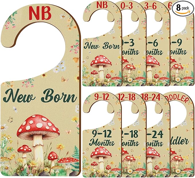 Baby Closet Dividers 8PCS, Mushrooms Themed Wooden Double-Sided Clothes Size Hanger/Organizer from Newborn to Toddler for Nursery Decor Baby Shower Birthday Gender Reveal Party Gift