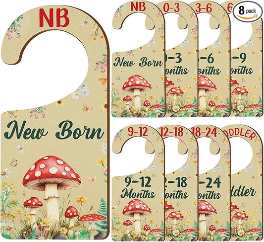 Baby Closet Dividers 8PCS, Mushrooms Themed Wooden Double-Sided Clothes Size Hanger/Organizer from Newborn to Toddler for Nursery Decor Baby Shower Birthday Gender Reveal Party Gift