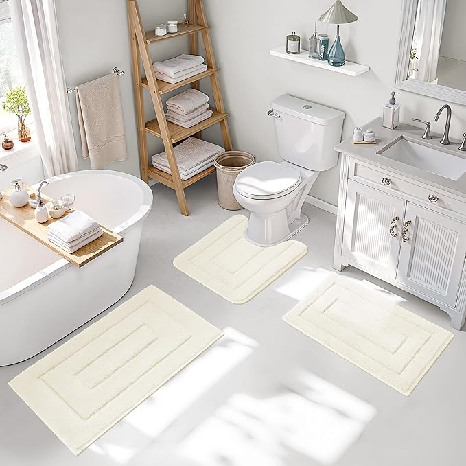 GRANNY SAYS Bathroom Rugs Sets 3 Piece, Soft Absorbent Microfiber Bath Mats for Bathroom Non Slip Washable, U-Shaped Toilet Bath Rugs for Tub Shower (Cream, 16" x 24" + 20" x 32" + U Shaped 20" x 24")