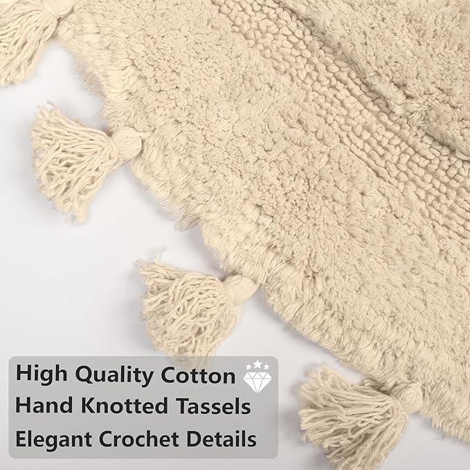 Half Circle Rug with Tassels for Boho Bedroom Decor Extra Soft 100% Cotton Hand-Woven Bath Rugs Non Slip Absorbent Crochet Rugs Machine Washable Boho Bath Mats for Bathroom Floor, Tub and Home Decor