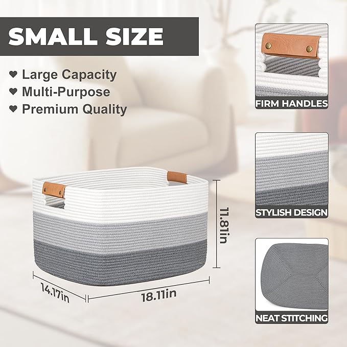 danpinera Large Woven Basket 72L+50L Rectangle Toy Storage Basket for Living Room, Nursery & Laundry, Large Cotton Rope Basket with Leather Handle, Gradient Gray&Brown