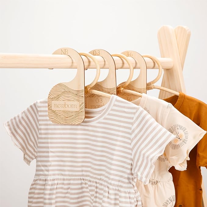 Whitluck's Baby Closet Dividers - 8-Pack Double-Sided Wooden Hangers for Organizing Baby Clothes from Newborn to 24 Months (Infant to Toddler) - Cute and Functional Nursery Decor for Boys and Girls