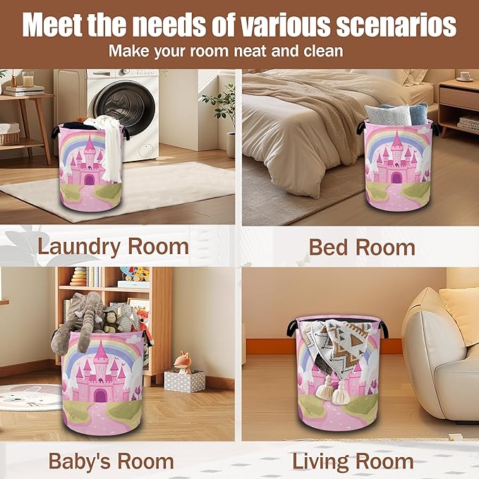 Pink Castle Laundry Basket,Rainbow Princess Laundry Hamper Waterproof Oxford Cloth Tote Collapsible,Clothes Storage Bucket Decorative Toy Organizer For Bathroom Bedroom 16" x 20.8"