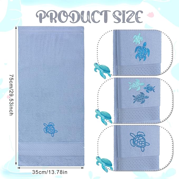 3 Pack Sea Turtle Coastal Hand Towels for Bathroom 100% Cotton Embroidered Beach Bathroom Towels 13.78 x 29.53 Inch Soft Absorbent Ocean Turtle Bath Towel Gift for Holiday Summer, Blue