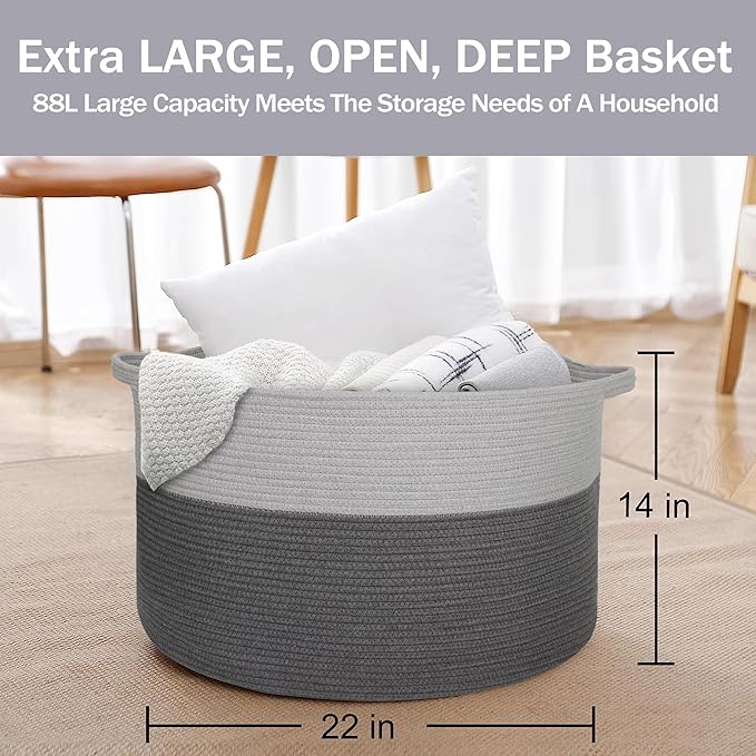 Extra Large Rope Basket, XXXL Woven Storage Basket, Large Blanket Storage for Living Room, Kids Room Toy Organizer Bin, Dog Toy Stuffed Animal Basket, Pillow Throw Blanket Holder, 22"x14"