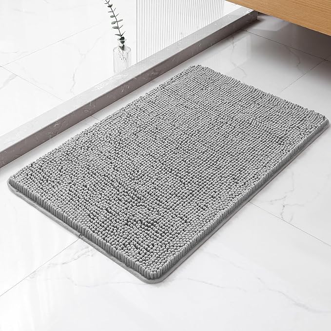 Gray Bathroom Rugs 20"x32" - Thick Plush Chenille Non-Slip Bath Mat - Absorbent, Washable, Soft Decor for Sink, Shower, Tub, Kitchen, Home Accessories
