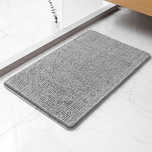 Gray Bathroom Rugs 20"x32" - Thick Plush Chenille Non-Slip Bath Mat - Absorbent, Washable, Soft Decor for Sink, Shower, Tub, Kitchen, Home Accessories