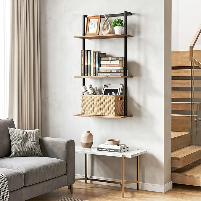 3-Tier Over The Toilet Storage Rack, Metal Wood Wall Mounted Floating Shelves for Bathroom Living Room Office, Rustic Brown