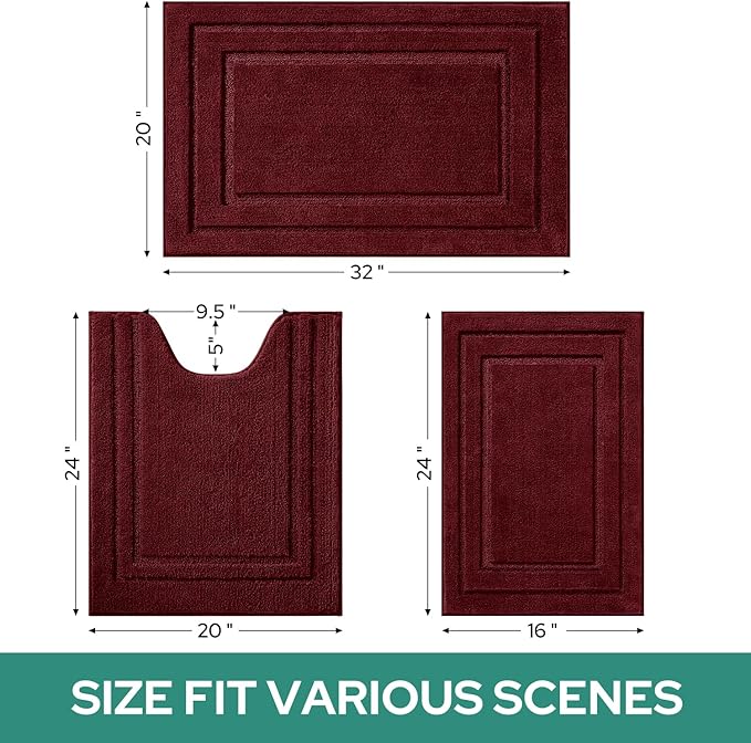 HOMEIDEAS Bathroom Rugs Sets 3 Piece, Super Soft and Absorbent Non Slip Microfiber Toilet Bath Mat with U-Shaped (Burgundy Red)