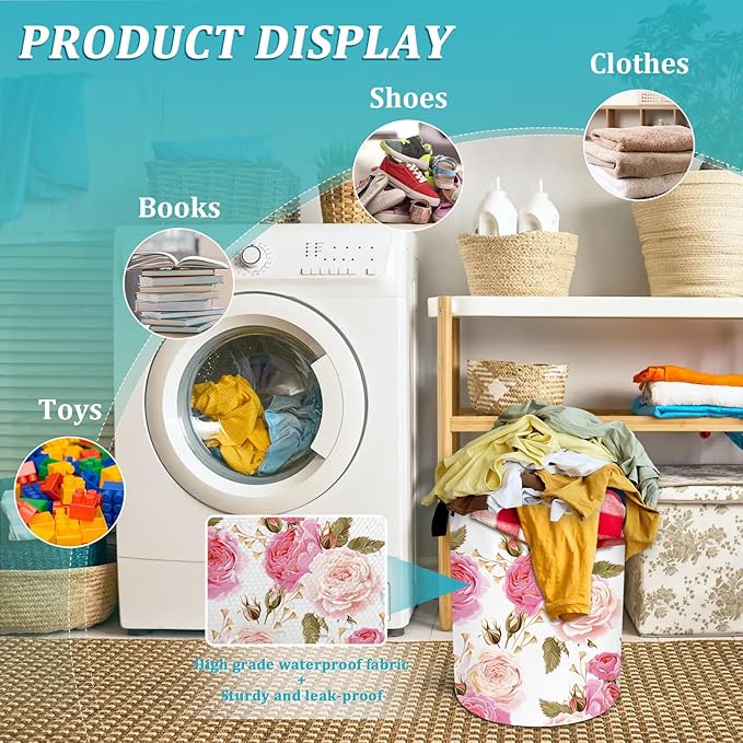 Abstract Pink Rose Laundry Basket, Floral Laundry Hamper Foldable Waterproof Funny Tote Bag Dirty Clothes Storage Bucket Toy Organizer for Bathroom/Laundry/Bedroom 15.7"x19.6"