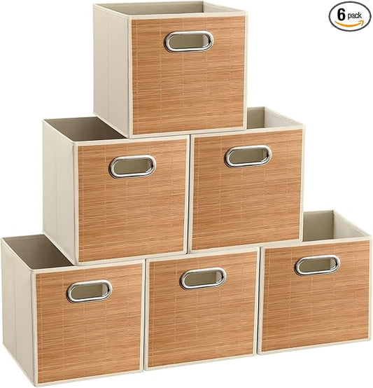 10.5x10.5in Bamboo Storage Cubes Storage Baskets, 6-Pack Foldable Handwoven Bamboo Strip Wicker Basket, Wicker Cube Storage Bins for Organization, Closet, Shelves, Home, Offices